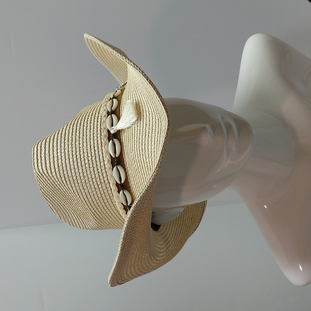 Unisex Woven Western Straw Beach Sun Hat Cowrie Cowry Shells Tassels Tan Boho